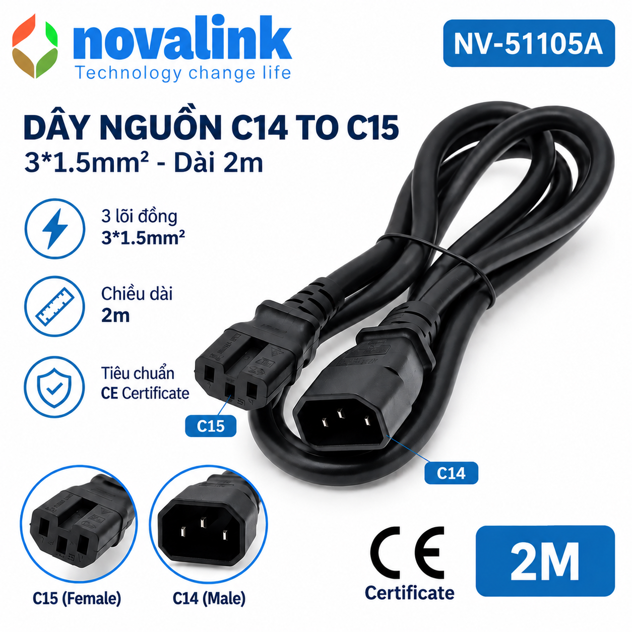 Dây nguồn C14, C15 chính hãng Novalink tiết diện 3 x 1.5mm dài 2m mã NV-51105A